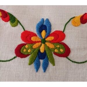 Vintage Scandinavian Embroidered Tablecloth Linen Red Blue Swedish Floral 34"